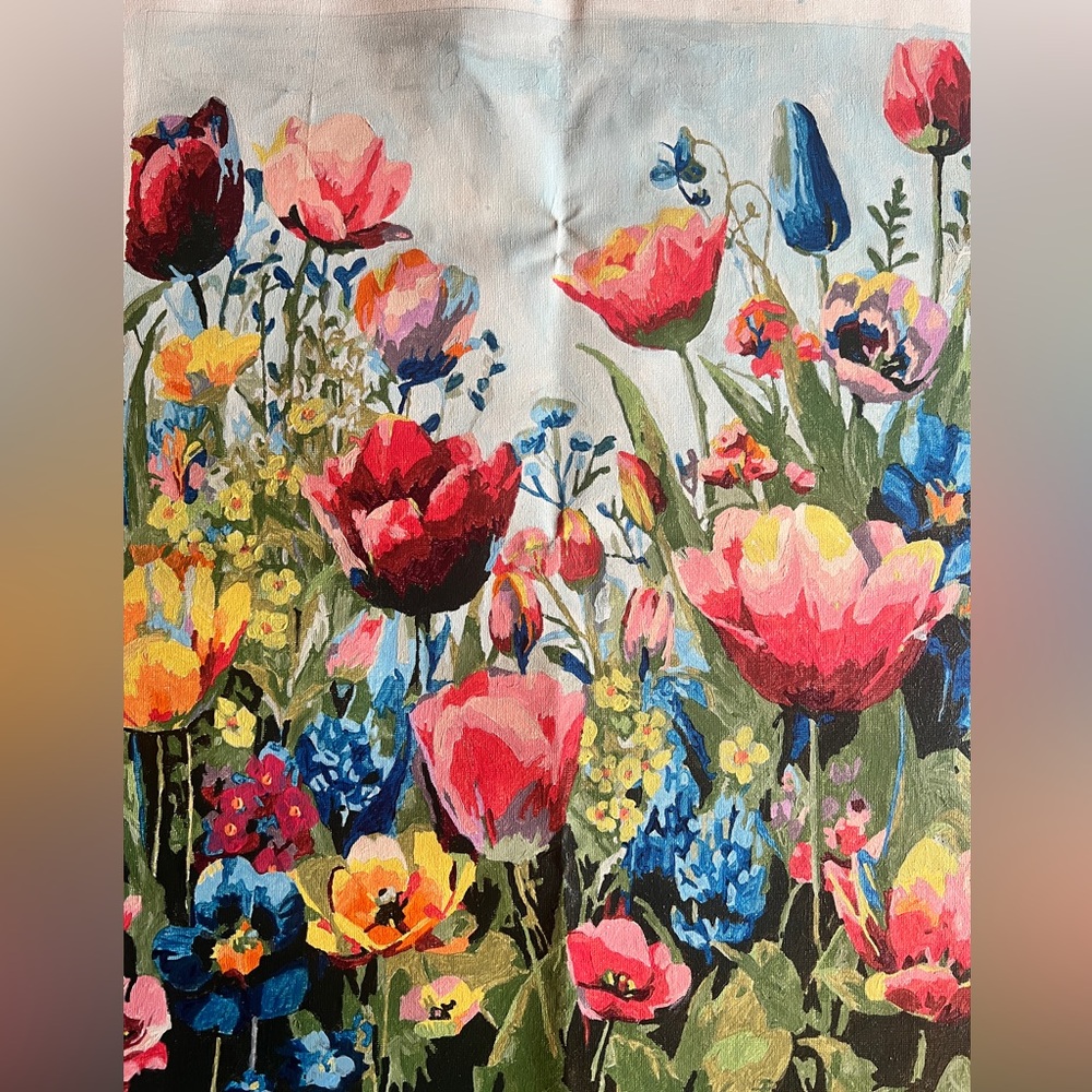 🌺🌺SOLD🌺🌺. Spring Flowerbed PBN Painting with Pink, Yellow, Blue, Green and reds